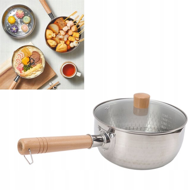 20cm Japanese-Style 304 Stainless Steel Multi-Cooker with Glass Lid - Deep Pot Design for Soup, Milk, Pasta & Frying, Beech Wooden Handle, Eagle Beak Spout, Hammer Pattern, Anti-Scald & Overflow-Proof