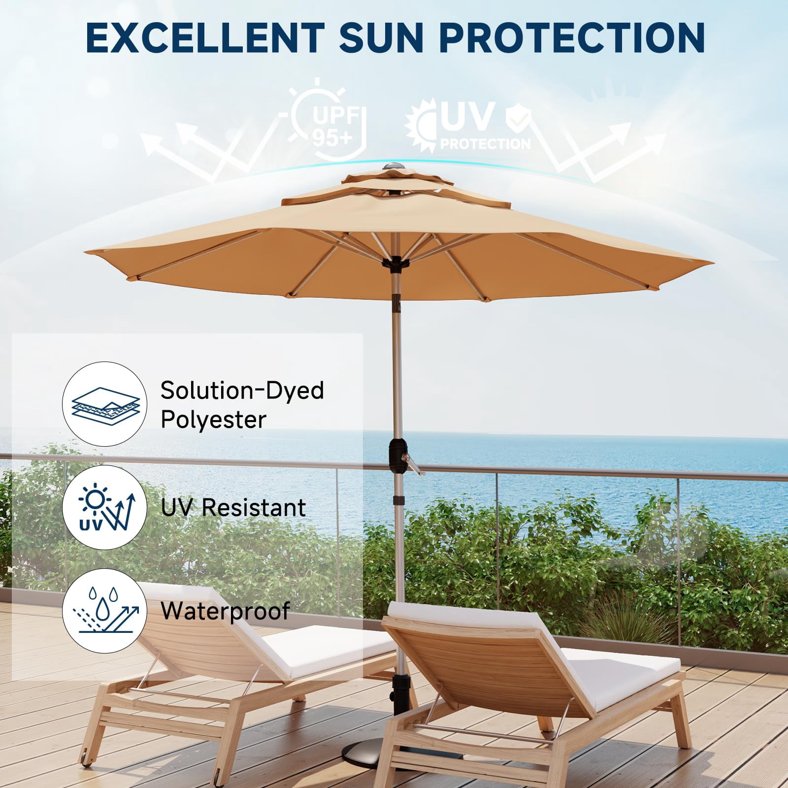 9FT 3-Tier Aluminum Outdoor Patio Umbrella, Fade-Resistant Market Umbrella with Push Button Tilt Function, 8 Sturdy All-Aluminum Ribs for Gardens, Patios, Backyards & Pools (Beige)