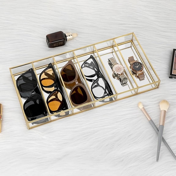 High-Quality Glass Sunglass Organizer Tray for Eyewear Storage - Gold Mirror Design