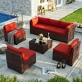 thumbnail image 2 of POTEBAN Patio Furniture Set, 7-Piece Outdoor Sectional All-Weather Wicker Patio Conversation Set for Backyard (Wine Red Cushions with Brown Rattan), 2 of 7