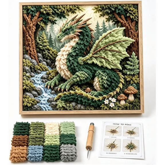 Mythic Dragon Realms 3D Fabric Poke Art Kit, No-Sew Dragon Fabric Poke Craft Kit for Adults, Pre-Cut Squares, Handmade Fantasy Wall Art Decor, Dragon Lover Gift