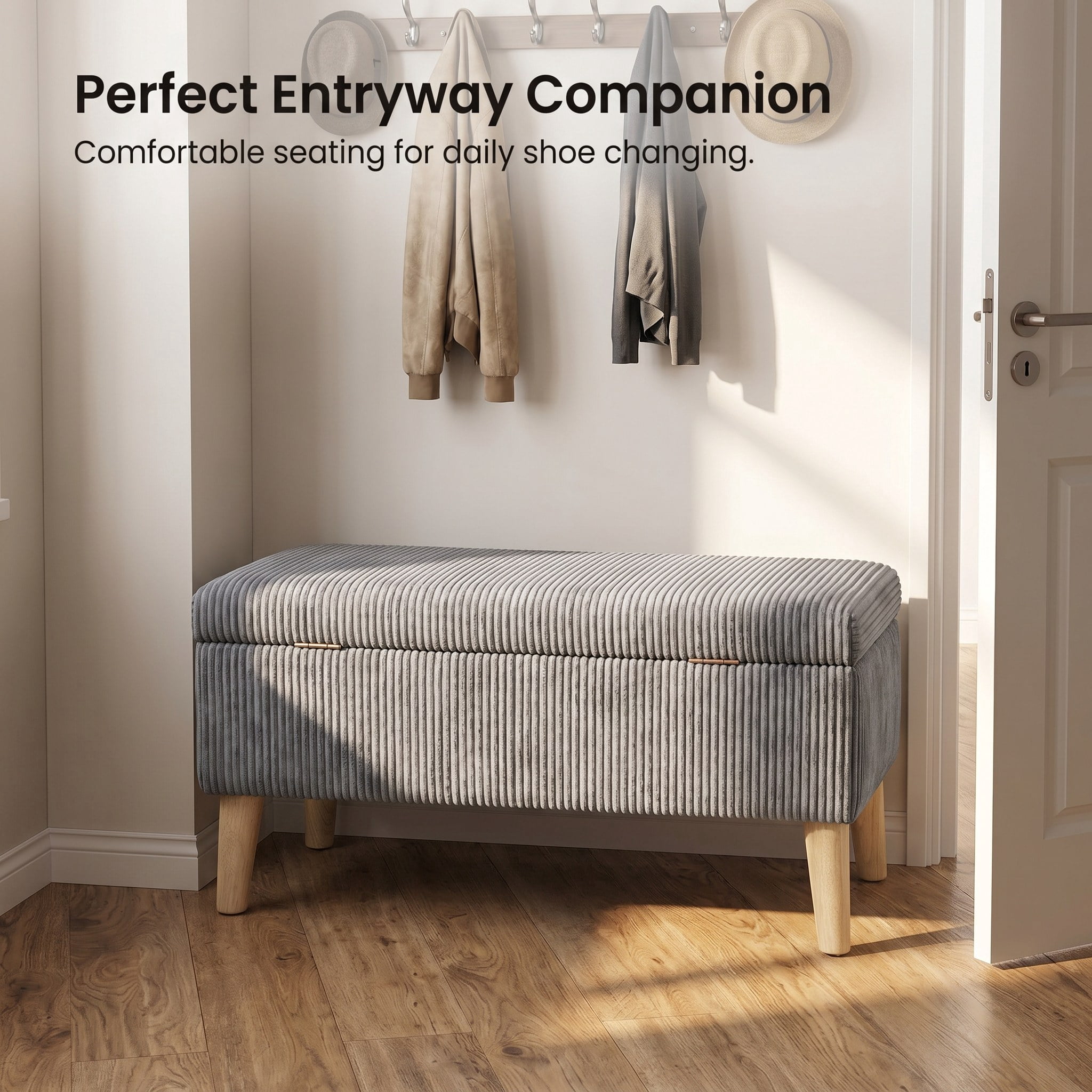 32 inch Wide Olive Grey Corduroy Storage Ottoman Bench with Wooden Legs, Flip-Top Storage Box, Soft Upholstered End of Bed Bench, Footrest & Shoe Bench for Bedroom, Living Room, Entryway