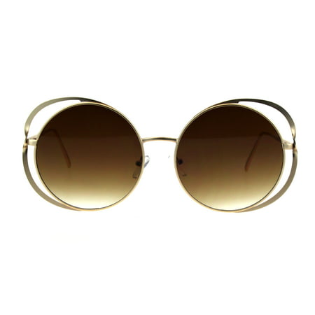 Double Metal Rim Luxury Round Circle Lens Chic Fashion Sunglasses Gold Brown