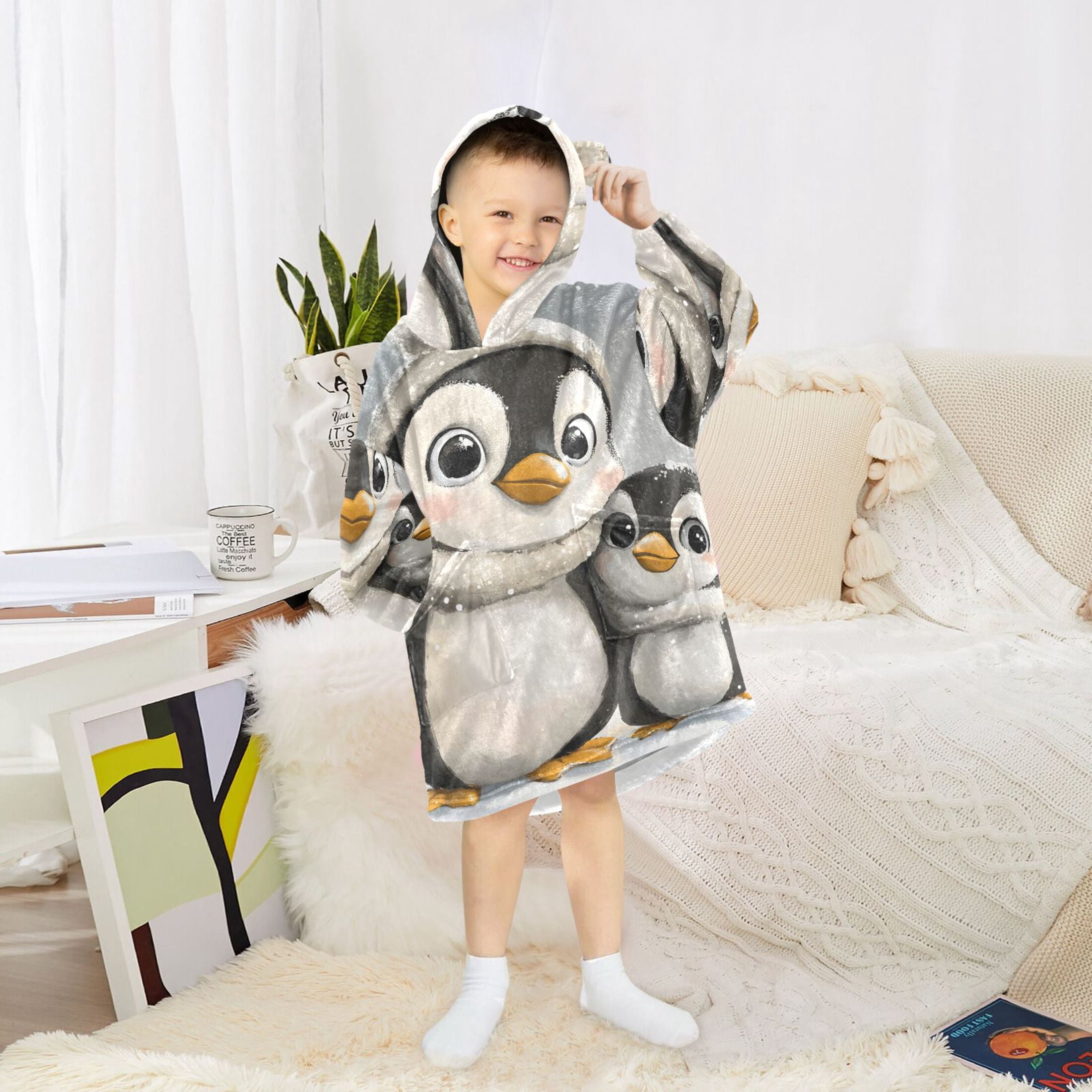 joogoo Wearable Blanket Hoodie for Kids Cute Penguins Flannel Oversized Sweatshirt 3-14 Years M