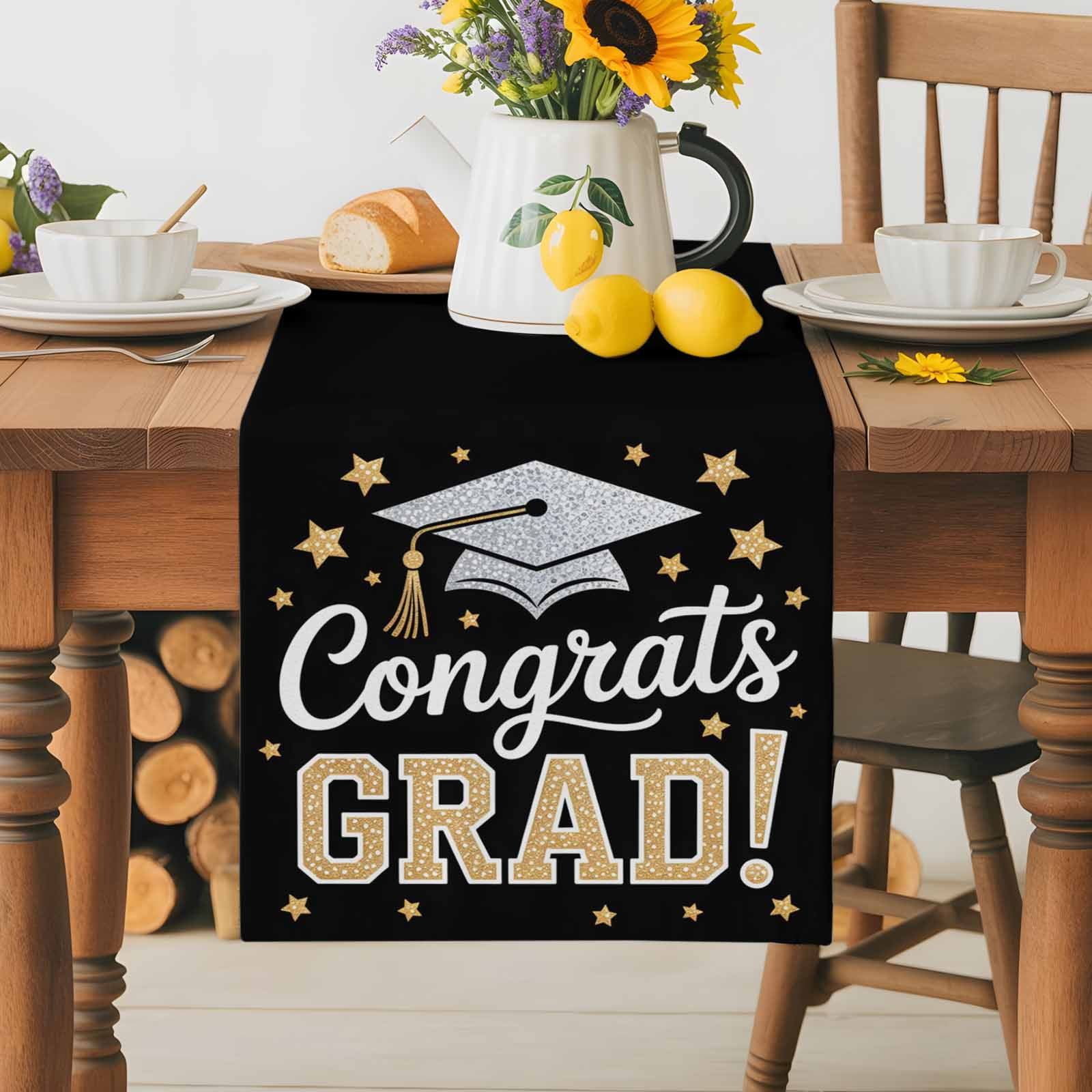 Graduation Hat Table Runner, Yellow Star Black Background Graduate Kitchen Table Runners Dress Scarves for Table Decorations Party/Restaurant/Indoor Outdoor Use, 13x90in