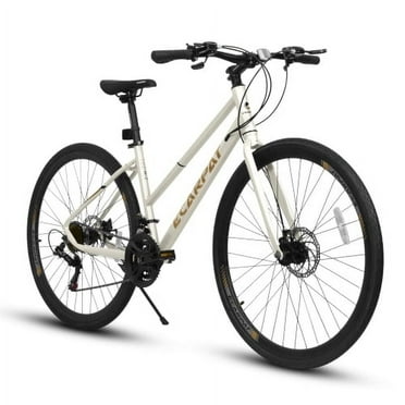 700C Road Hybrid Bike for Adult , 21-Speed Road Bike Road Bicycle Carbon Steel Frame, Dual-Disc Brakes, White