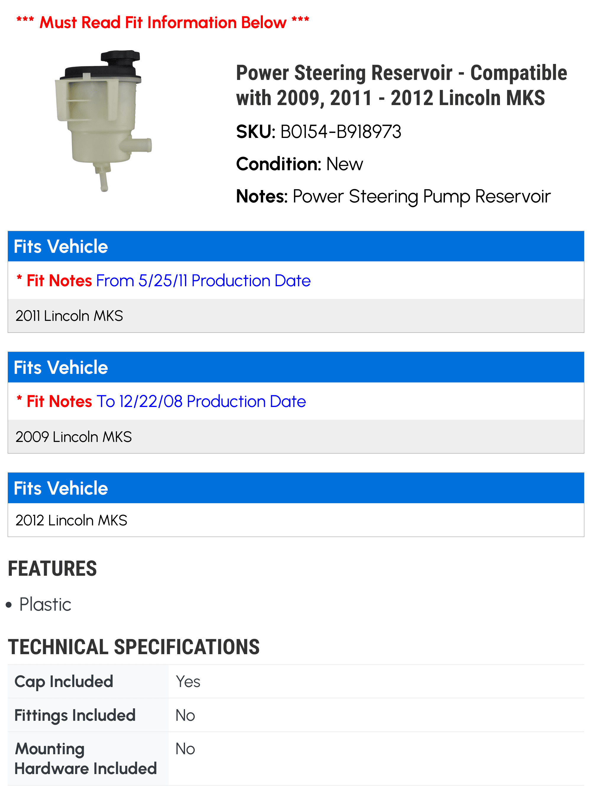 Power Steering Reservoir - Compatible with 2009, 2011 - 2012 Lincoln MKS