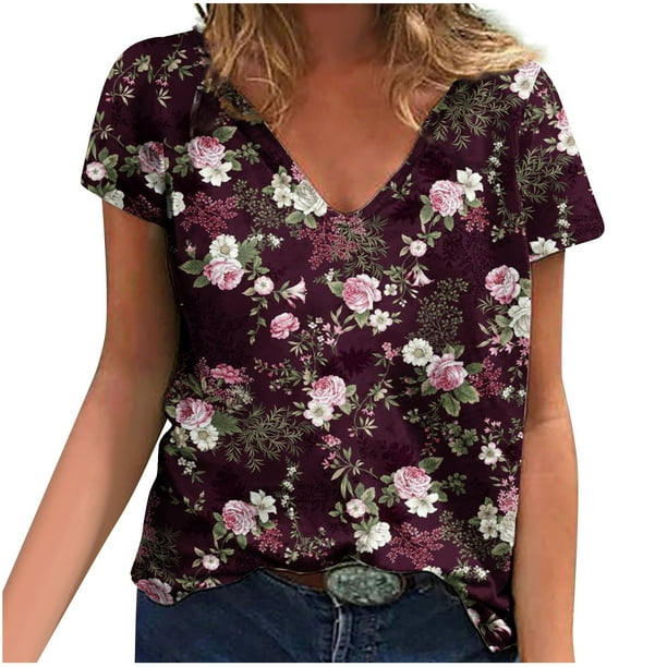 Camisetas con estampado floral con cuello en V para mujer Blusas femeninas cómodas a la moda Tops OAVQHLG3B Store lin121212
