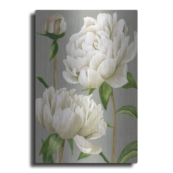 Luxe Metal Art 'White Peonies I' by Grace Popp, Metal Wall Art, 16" x 24"