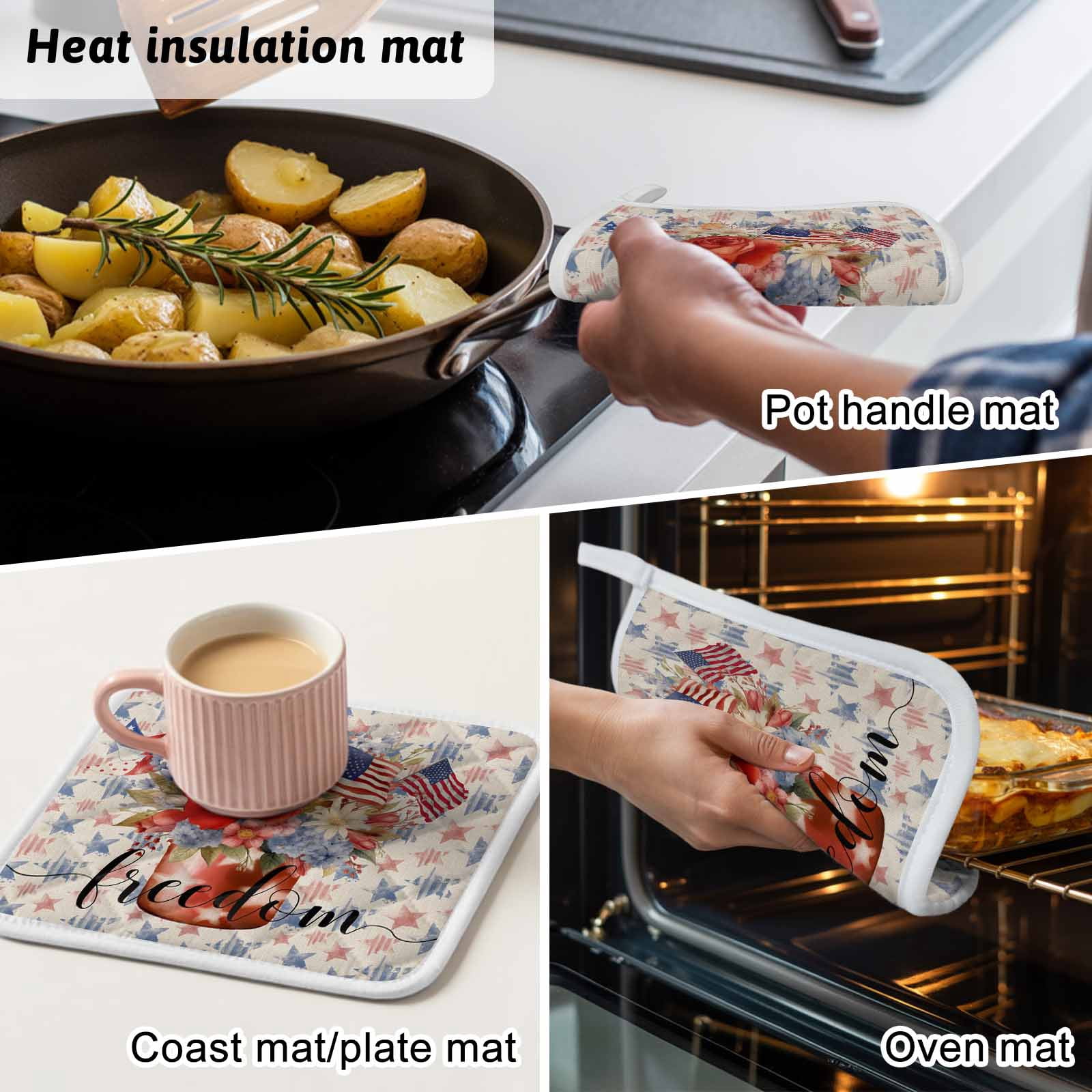 4th of July Blue Red Pot Holders for Kitchen Heatproof Potholder, 4 Pack Star Watercolor Floral American Flag Hot Pads Multipurpose Oven Pads Cloth Potholders Trivet for Cooking and Baking