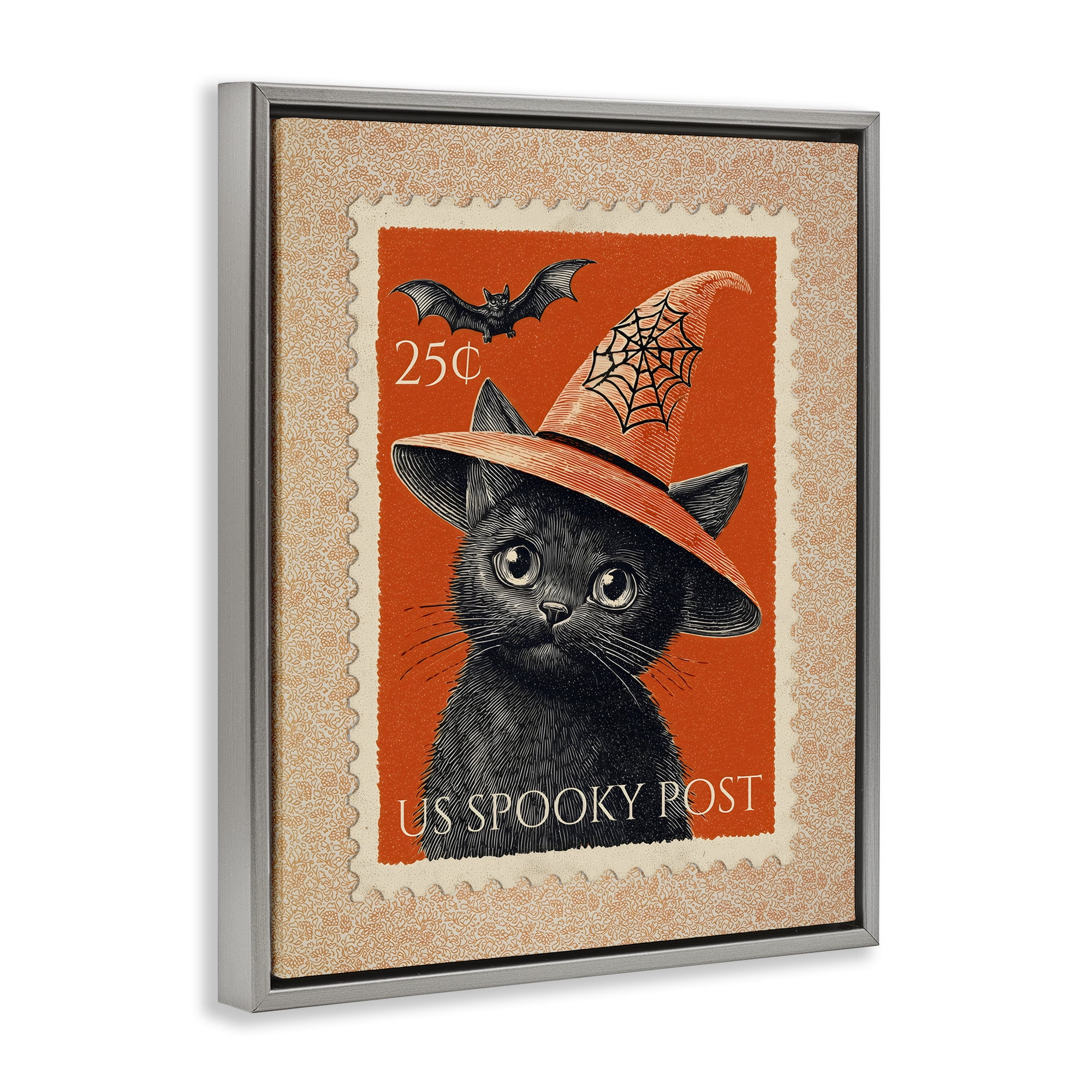 Vintage Black Cat Stamp Gray Framed Floater Canvas Wall Art, design by Arlington Prints