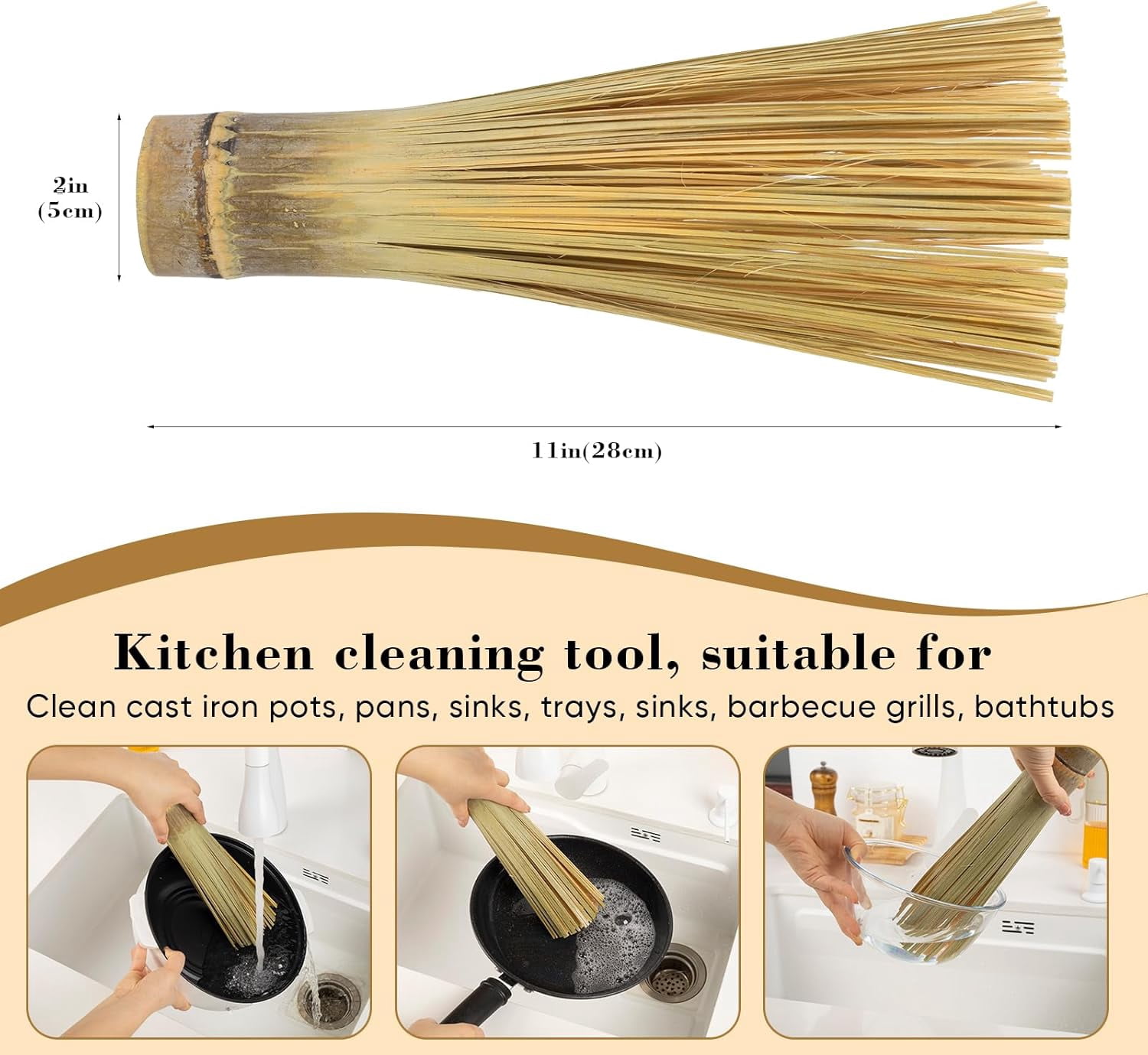 Bamboo Pot Brush,Traditional Natural Bamboo Wok Brush,Kitchen Cleaning Brush, Suitable for Cleaning Cast Iron Pots, Pans, Sinks, Trays, Basins, Barbecue Grills and Bathtubs, 2 Pack… (Small)