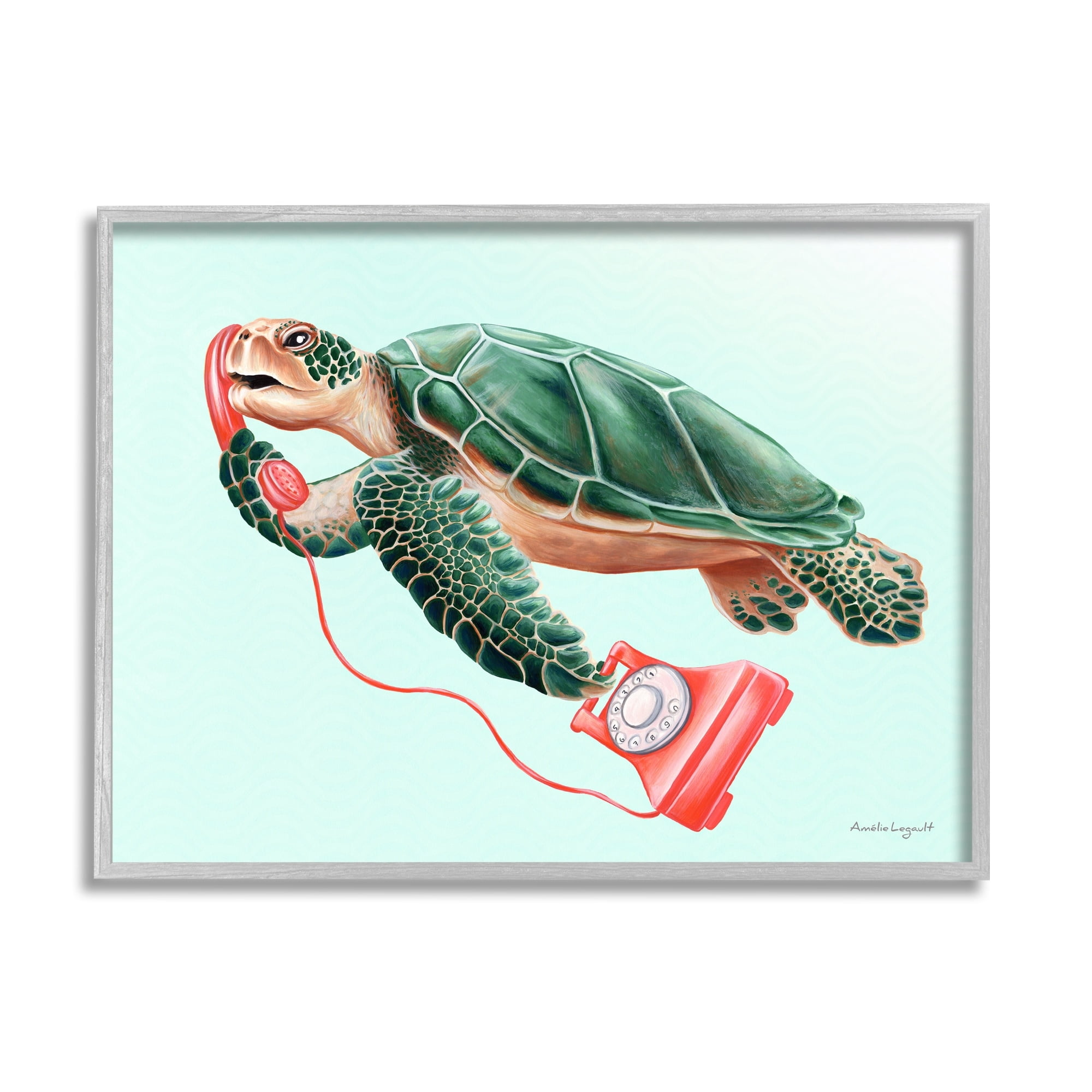 Stupell Industries Green Sea Turtle Swimming Red Rotary Telephone Graphic Art Gray Framed Art Print Wall Art, Design by Amelie Legault