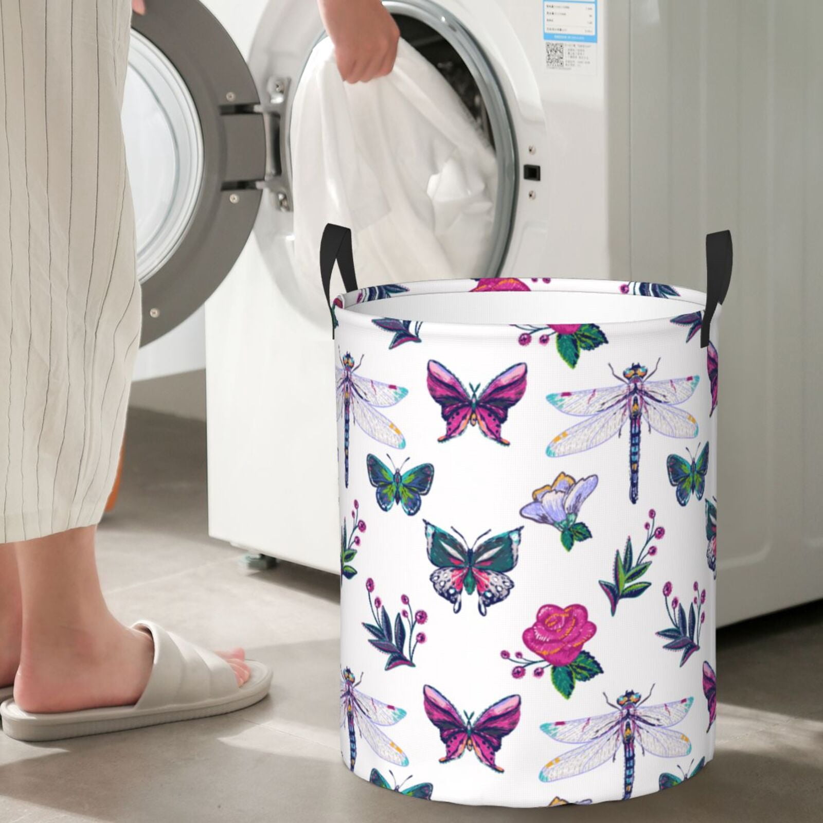 Large Laundry Basket with Handles - Flower Dragonfly Butterfly Kids Baby Dirty Clothes Laundry Hamper for Bedroom Aesthetic