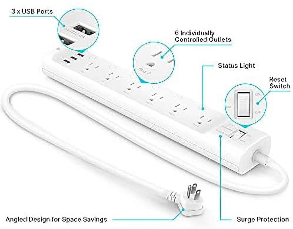 Plug Power Strip HS300, Surge Protector with 6 Individually Controlled Outlets and 3 USB Ports, Works Alexa & Google Home, No Hub Required , White
