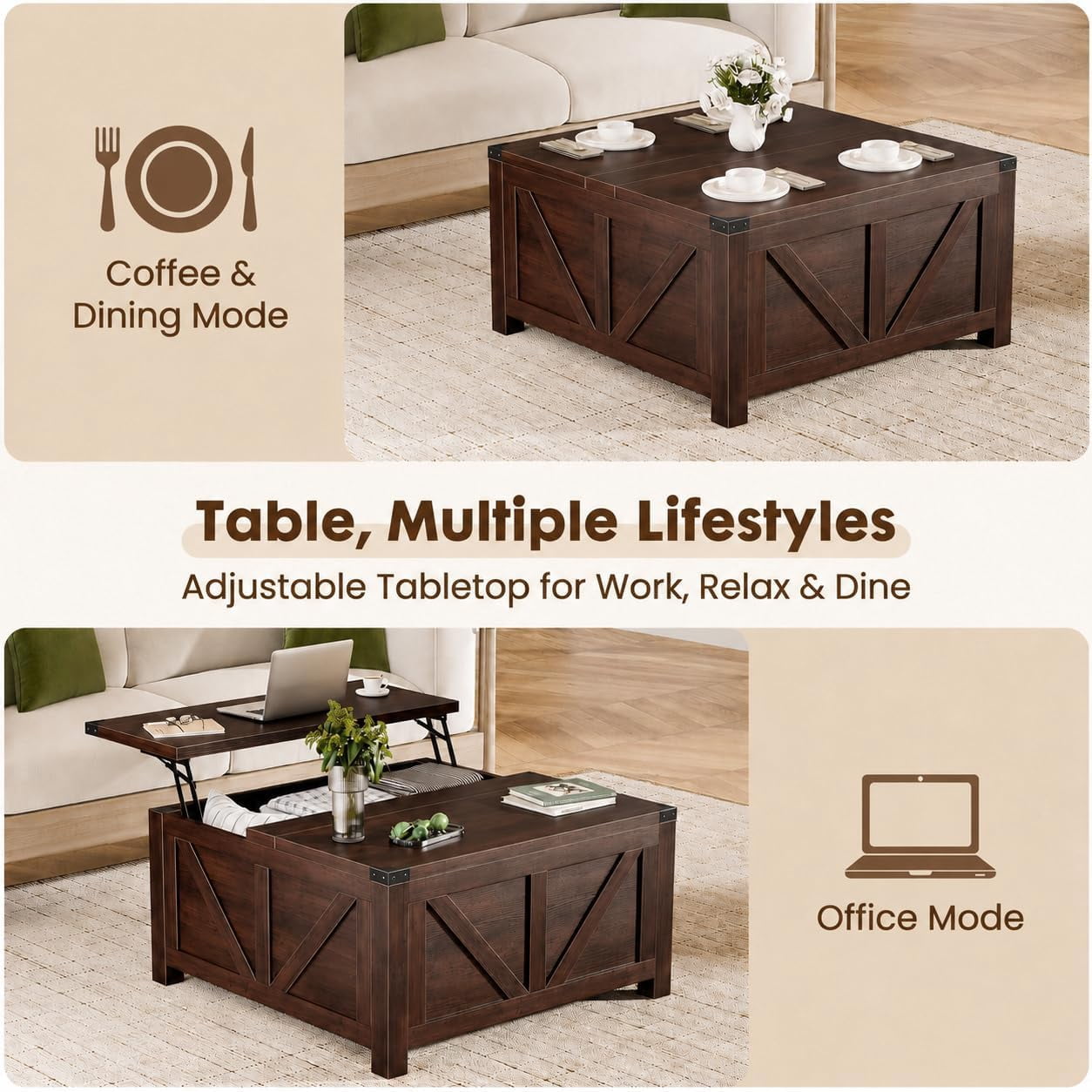 Simple Deluxe Lift Top Coffee Table with Storage, 35.5" Square Coffee Tables for Living Room, Farmhouse Coffee Table with Large Hidden Storage, Coffee Tables with Lifting Top for Living Room (White)