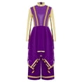thumbnail image 3 of inlzdz Kids Girls Lyrical Praise Dance Outfit Long Sleeve Irregular Hem Worship Gold Trim Dress with Wide Leg Pants Purple 10, 3 of 5