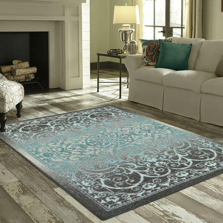 Mainstays India Medallion Textured Print Area Rug and Runner Collection, Gray/Blue, 5' x (Best Drill Machine Brand In India)