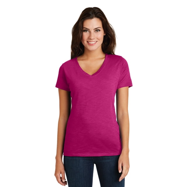 Camiseta con cuello en V para mujer Super Slub™ de District Made®. DM3501 Rosa Azalea 3XL Distrito DM3501