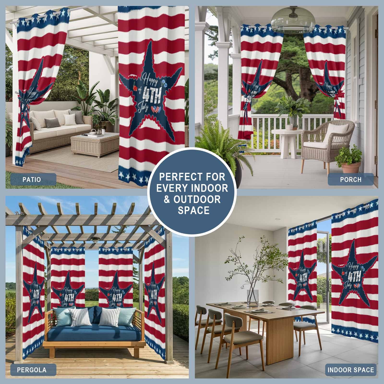 Silver Happy of 4th July Outdoor Curtains for Patio, Rustic Red Blue Star Stripes Sunshade Privacy Drapes Grommet Waterproof Outside Curtains for Porch/Cabana/Balcony 54"x 108", 1 Panel