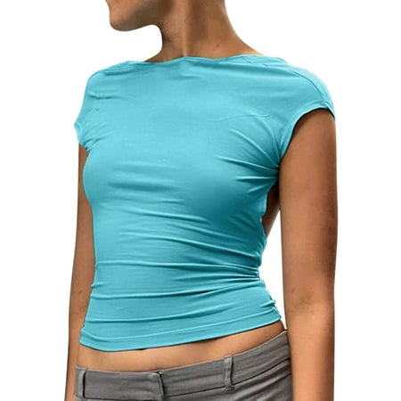 

iOPQO corset tops for women Women s Fashion Solid Backless T Shirts Crop Top Casual Short Sleeve Short Top womens tops