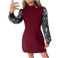 thumbnail image 1 of AherBiu Robe d'Affaires Décontractée pour Femmes, Paillettes, Maille, Manches Longues, Col Montant, Robe Courte Ajustée pour Dames, 1 of 7