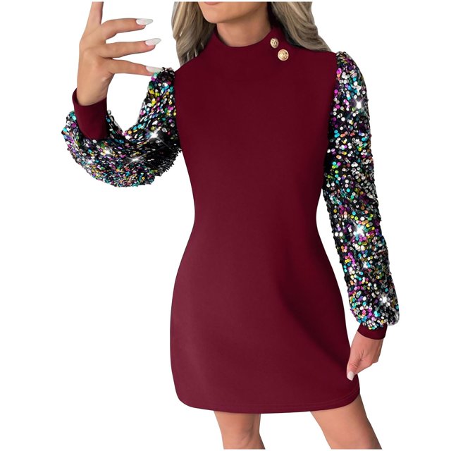 AherBiu Robe d'Affaires Décontractée pour Femmes, Paillettes, Maille, Manches Longues, Col Montant, Robe Courte Ajustée pour Dames