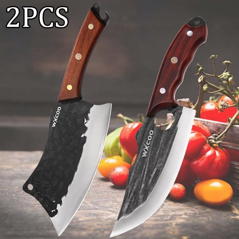 2PCS Handmade Utility Knife Stainless Steel Vegetable Chopper Forged Knife Multipurpose Knife Sharp Chef Knife Unique Knives for Cooking Kitchen Must Haves Fruit Fish Meat Cleaver Cutting Knife