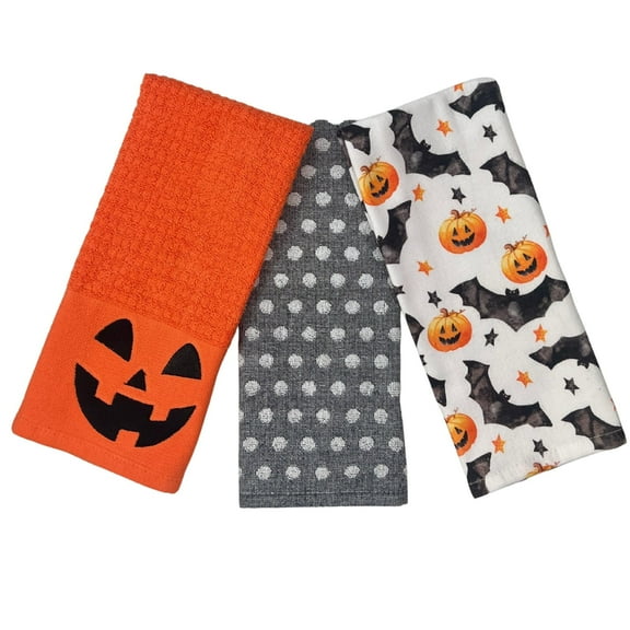 Serafina Home Haunted Halloween Kitchen Hand Dish Towel Set: Jack O' Lantern Orange Terry Loop, Raised White Dot Terry Loop, Printed Bat Pumpkin Designs, 100% Cotton Towels, 3 Pc Set