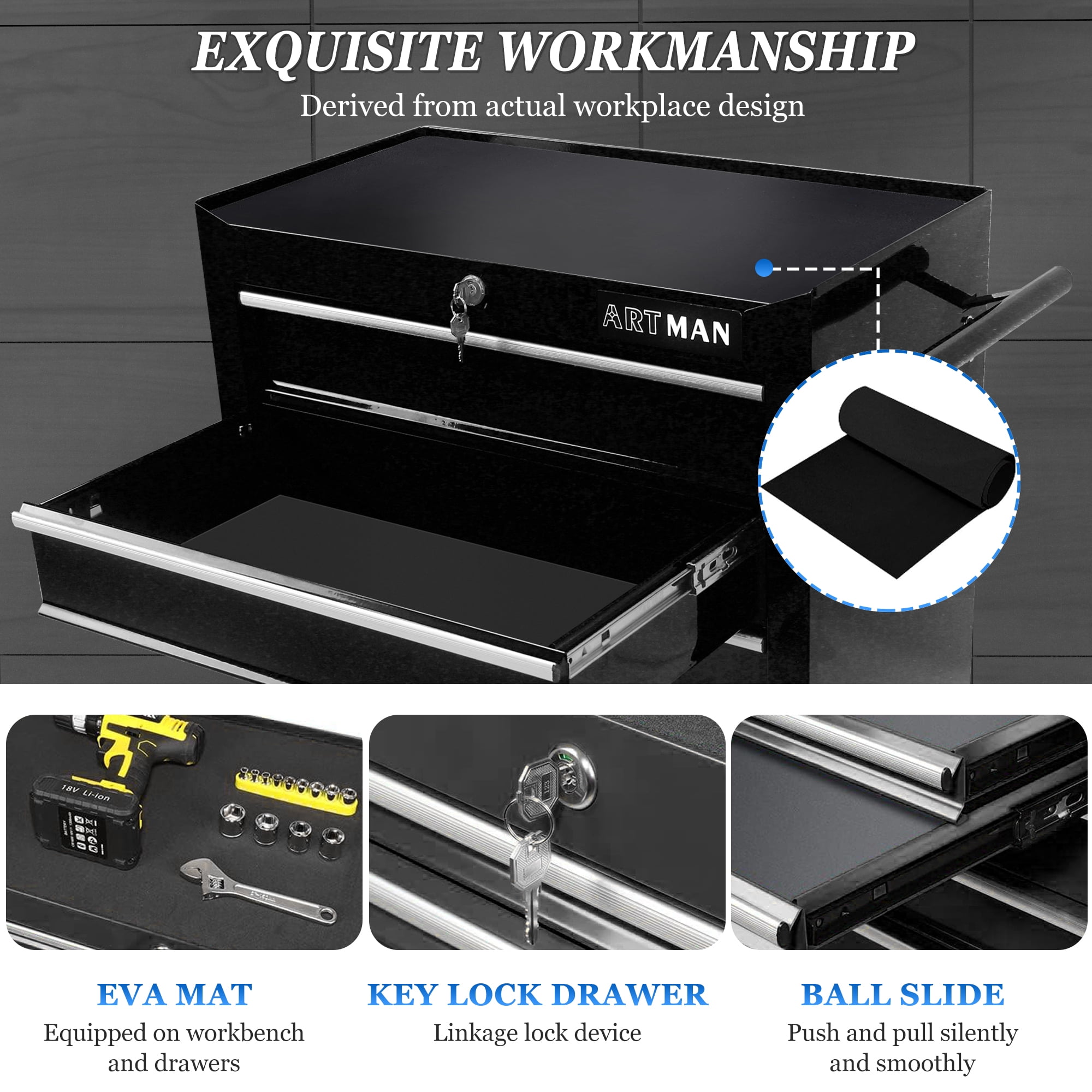 Tool Chest on Wheels, 5-Drawer Rolling Tool Box with Workbench Top, Multifunctional Tool Storage Organizer for Garage, Warehouse, Workshop