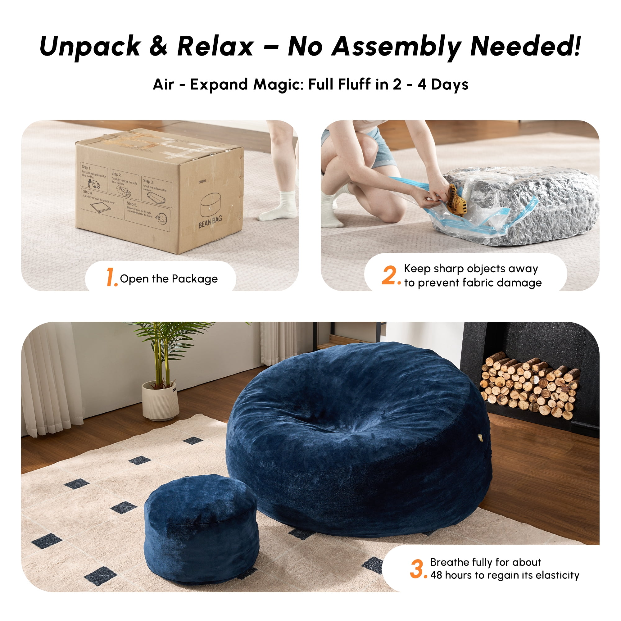 Vcatnet 59" Oversized Bean Bag Chair for Adults with Ottoman Giant Bean Bag Sofa Couch with Memory Foam Upholstered Lazy Floor Sofa for Living Room Bedroom, Dark Blue