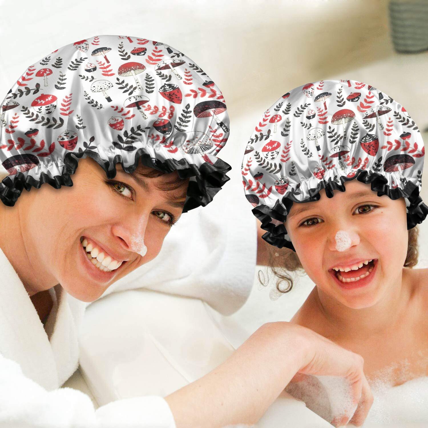 Shower Caps,Colorful Mushroom Floral White Pattern Waterproof Shower Cap for Women 4 Pieces,Double Reusable Hair Cover for Shower PEVA Elastic Stretch Hem