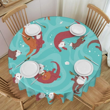 

Round Tablecloth 60 Inch Cute Sea Otters Lovely Family Waterproof Heat Resistant Table Cloth Cover for Kitchen Dining Indoor Outdoor Farmhouse Decor