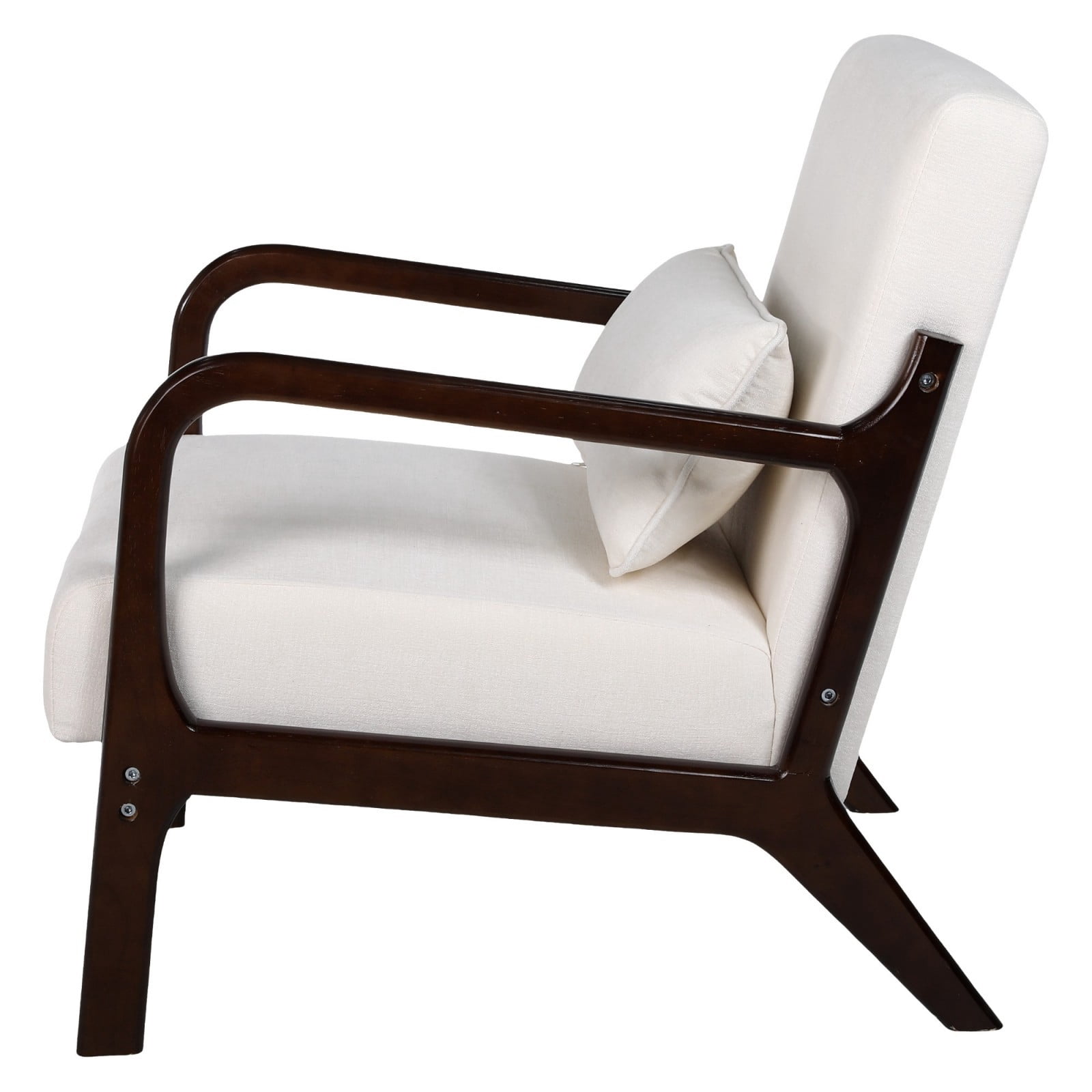 Mid Century Modern Armchair Accent Chair with Solid Rubberwood Frame & Detachable Lumbar Pillow, Upholstered Living Room Bedroom Office Reading Chair, Beige