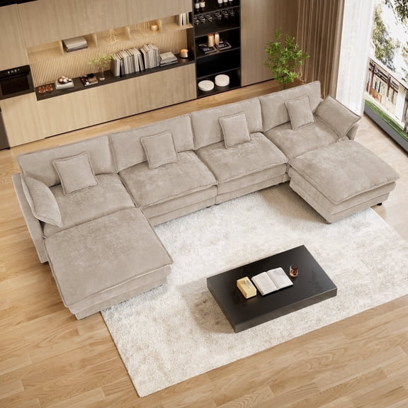 Wiilayok 150" Oversized Modular Sofa Set,Large Chenille U Shaped Sectional Sofa with Ottoman,6 Seater Deep Seat Couch for Living Room Furniture,Light Brown
