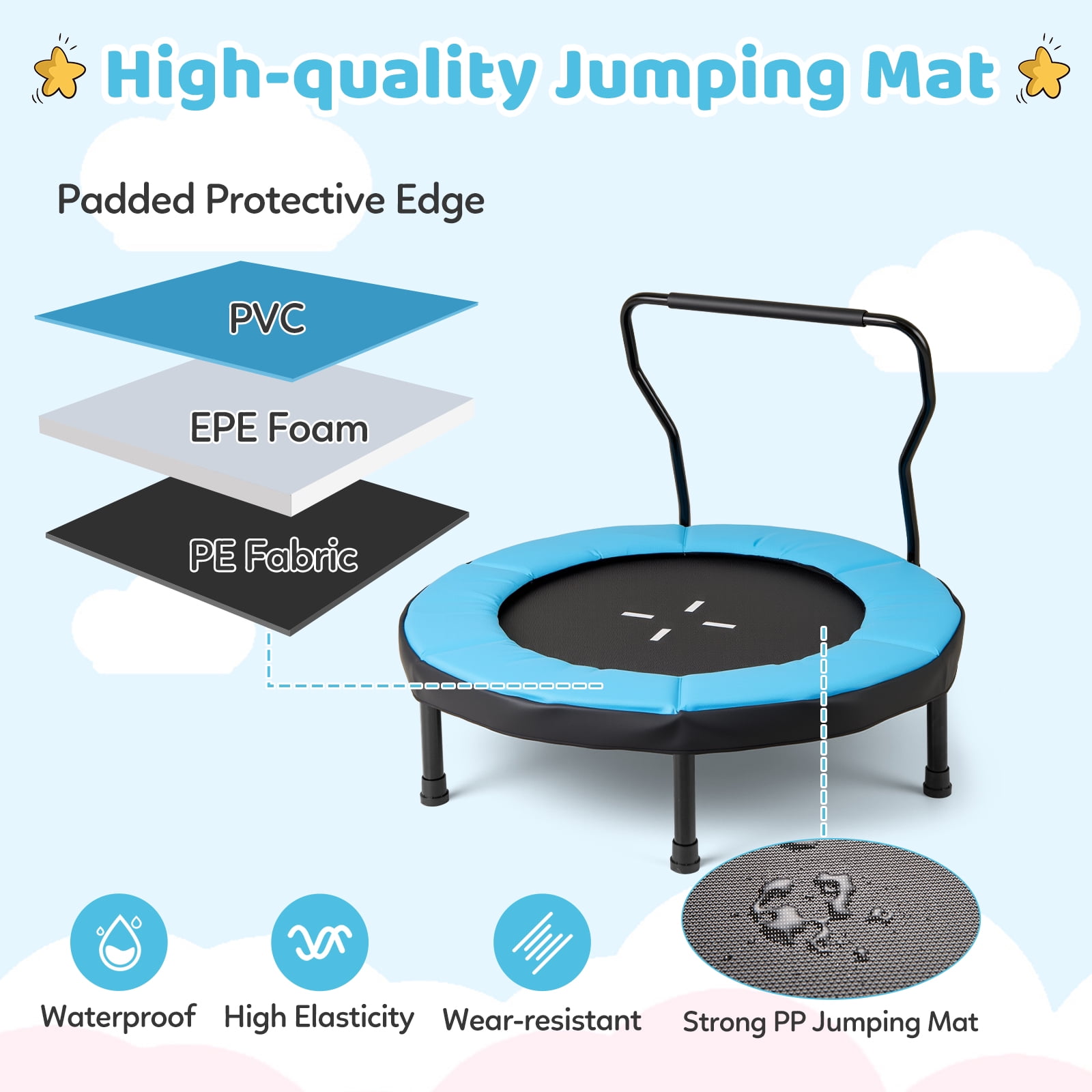 Gymax 40'' Trampoline for Kids Indoor/Outdoor Fitness Trampoline w/ Foam Handlebar Blue