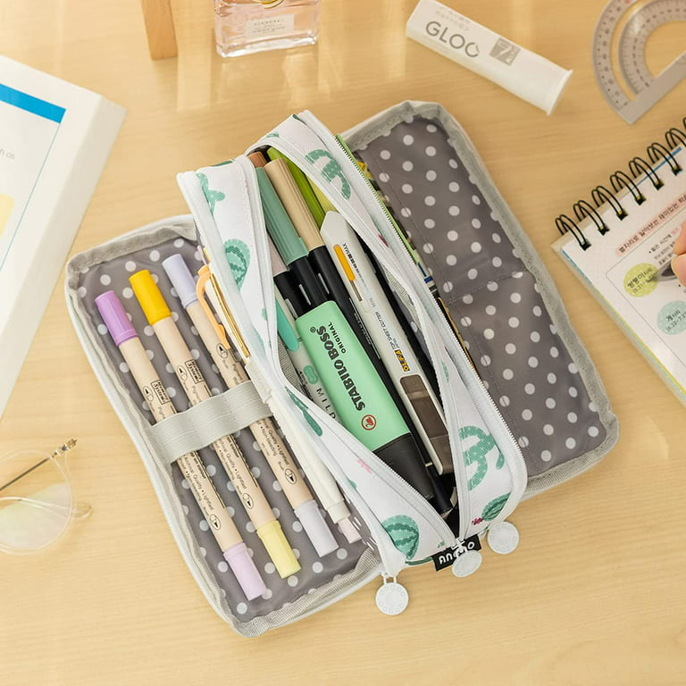Angoo Green Cloth Pencil Case With Three Compartments