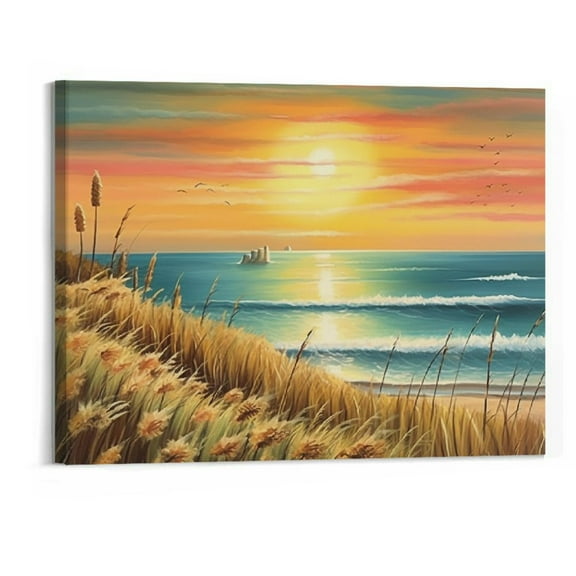Creowell Coastline Sunrise Landscape Mural Modern Oil Painting Plant Sage Size Canvas Wall Art Pictures Decor Home 20x16 Inch