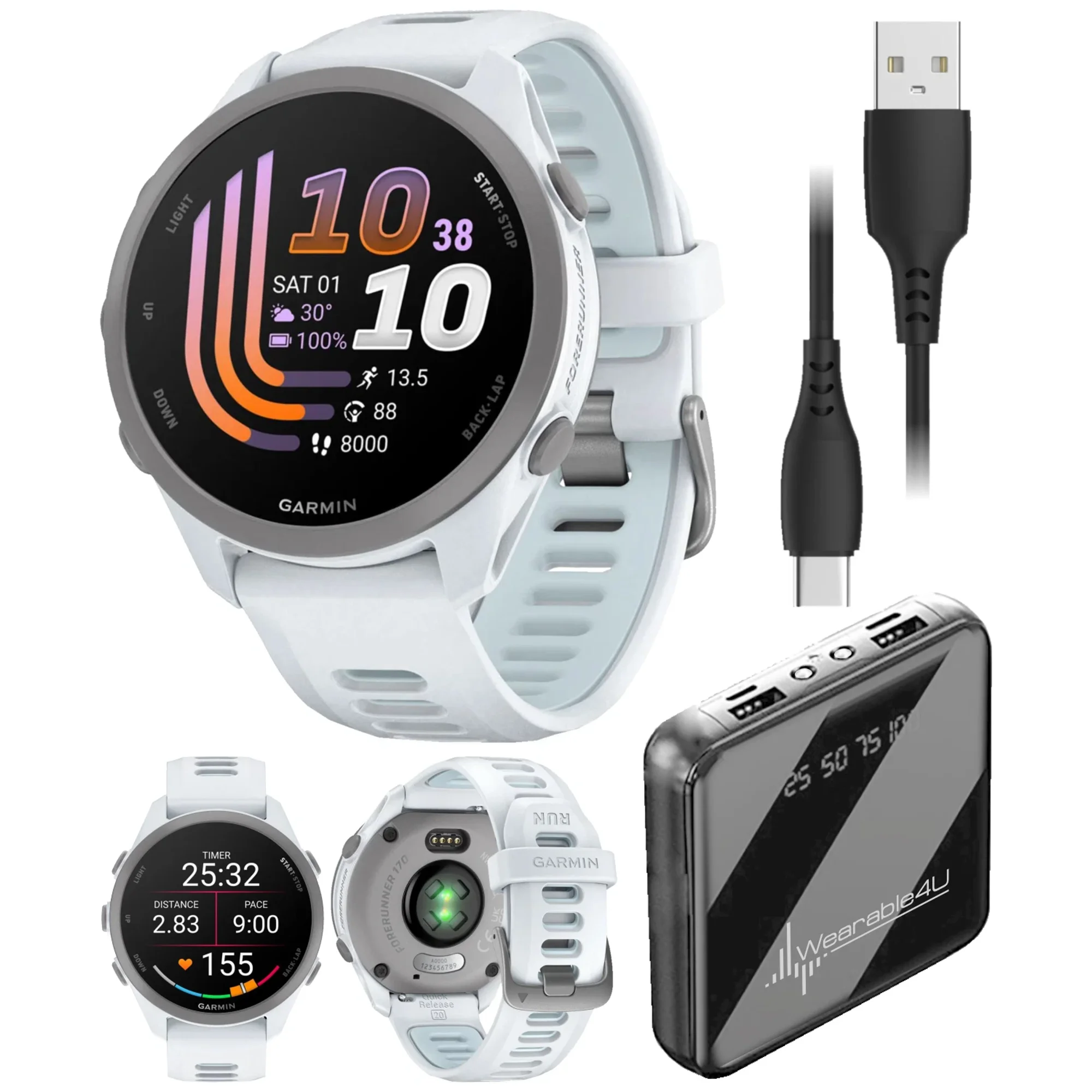Garmin Forerunner 170 GPS Running Smartwatch Advanced Training Metrics & Recovery Insights Whitestone with Whitestone/Cloud Blue Band with Wearable4U PowerBank Bundle