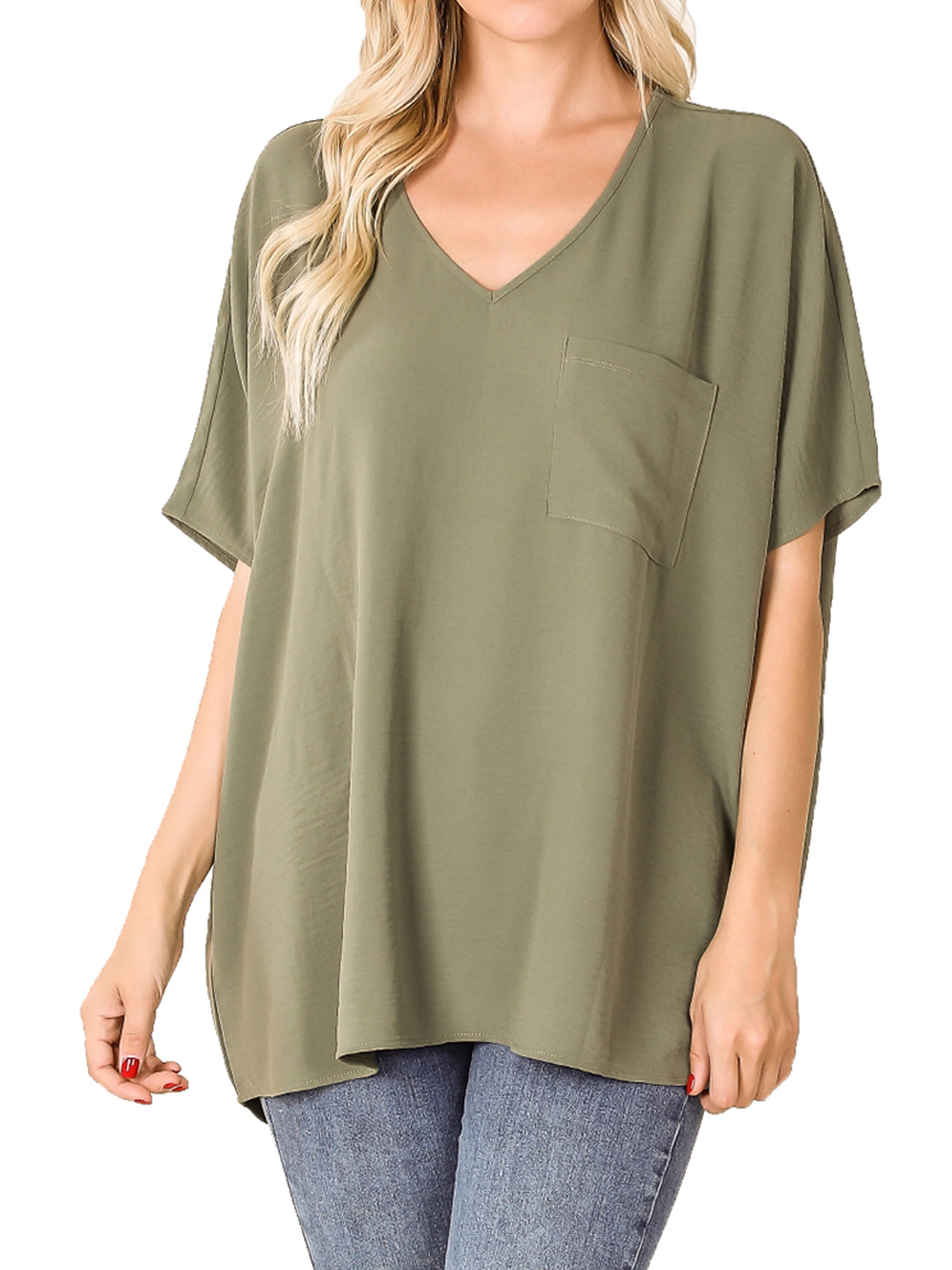 Zenana Women & Plus V Neck Woven Airflow Dolman Short Sleeve Blouse Top