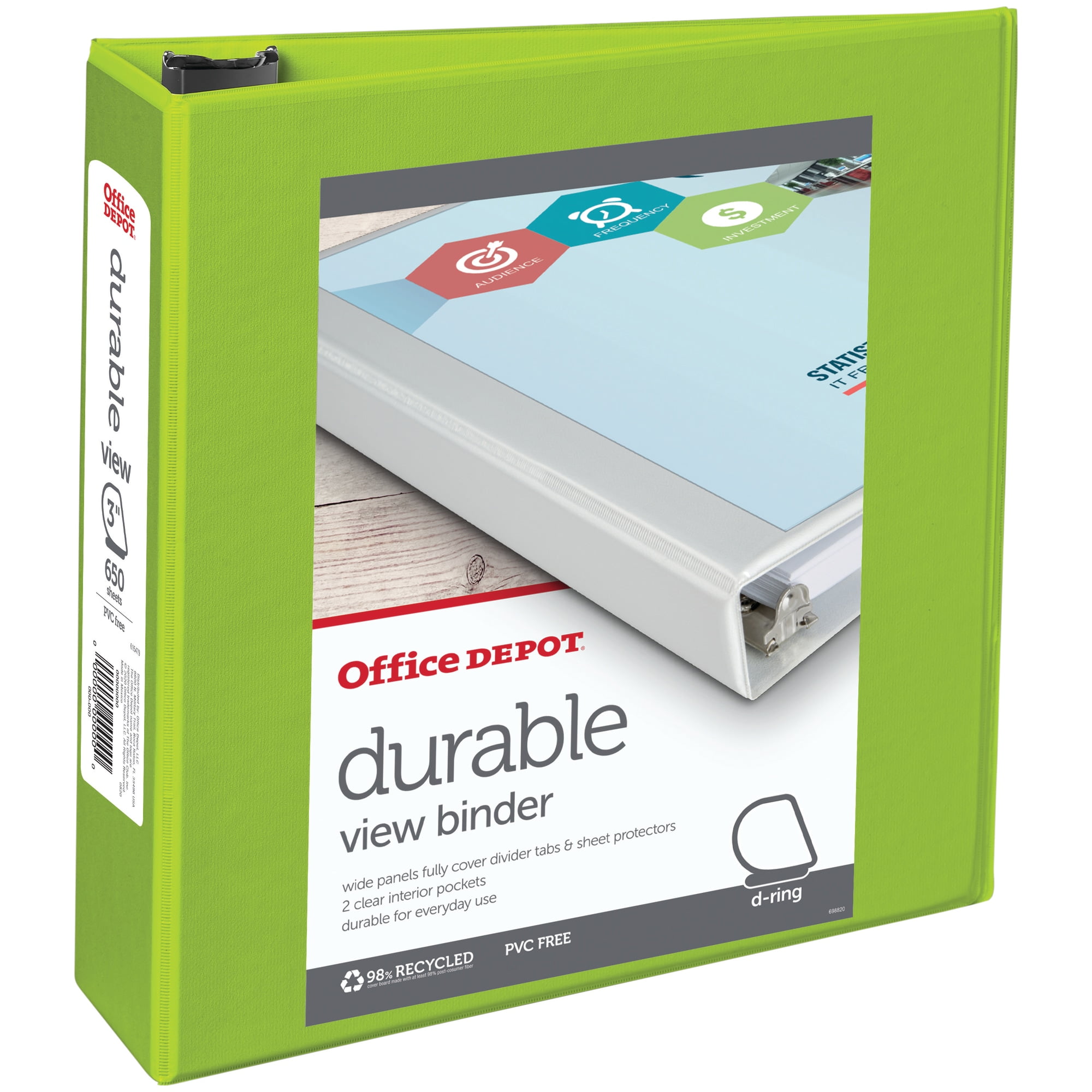 Office Depot® Brand Durable D-Ring View Binder, 3' Rings, 60% Recycled, Green