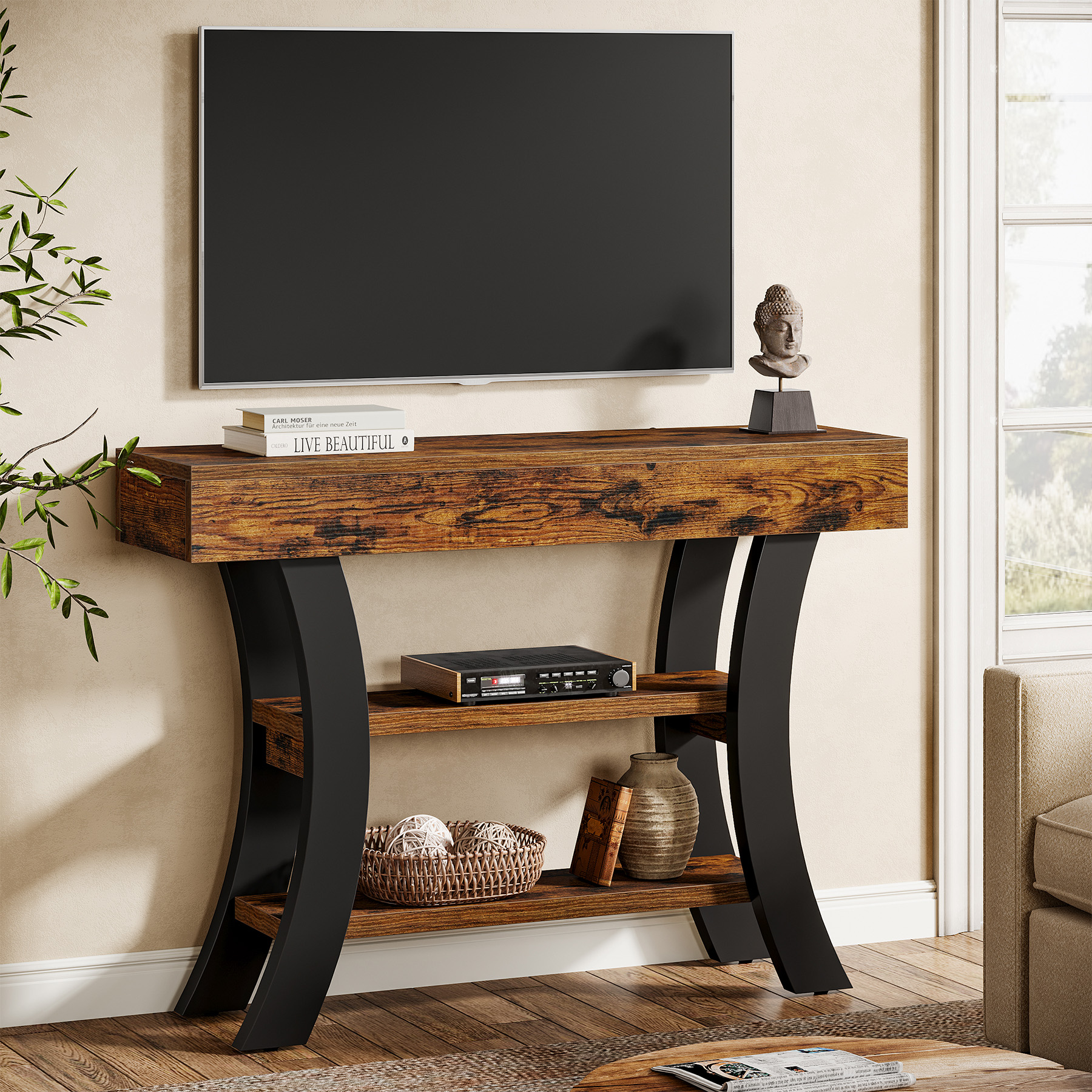 Tribesigns 41" Small Entryway Console Sofa Table with Storage Shelves for Living Room, Hallway, Foyer, Rustic Brown