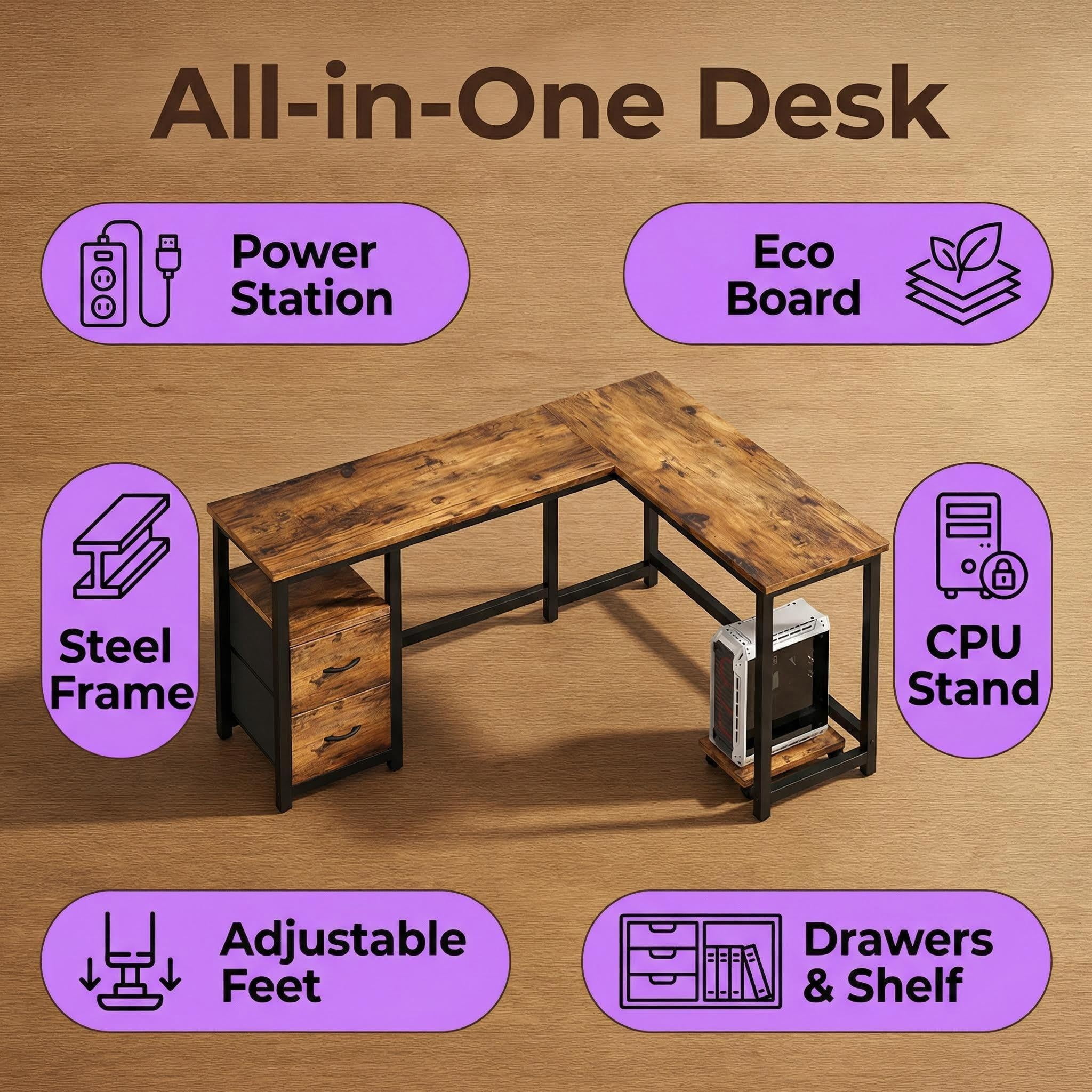 Computer Desk, Lofka 66" L Shaped Gaming Desk with Power Outlets and USB Charging Ports for Home Office, Retro Brown