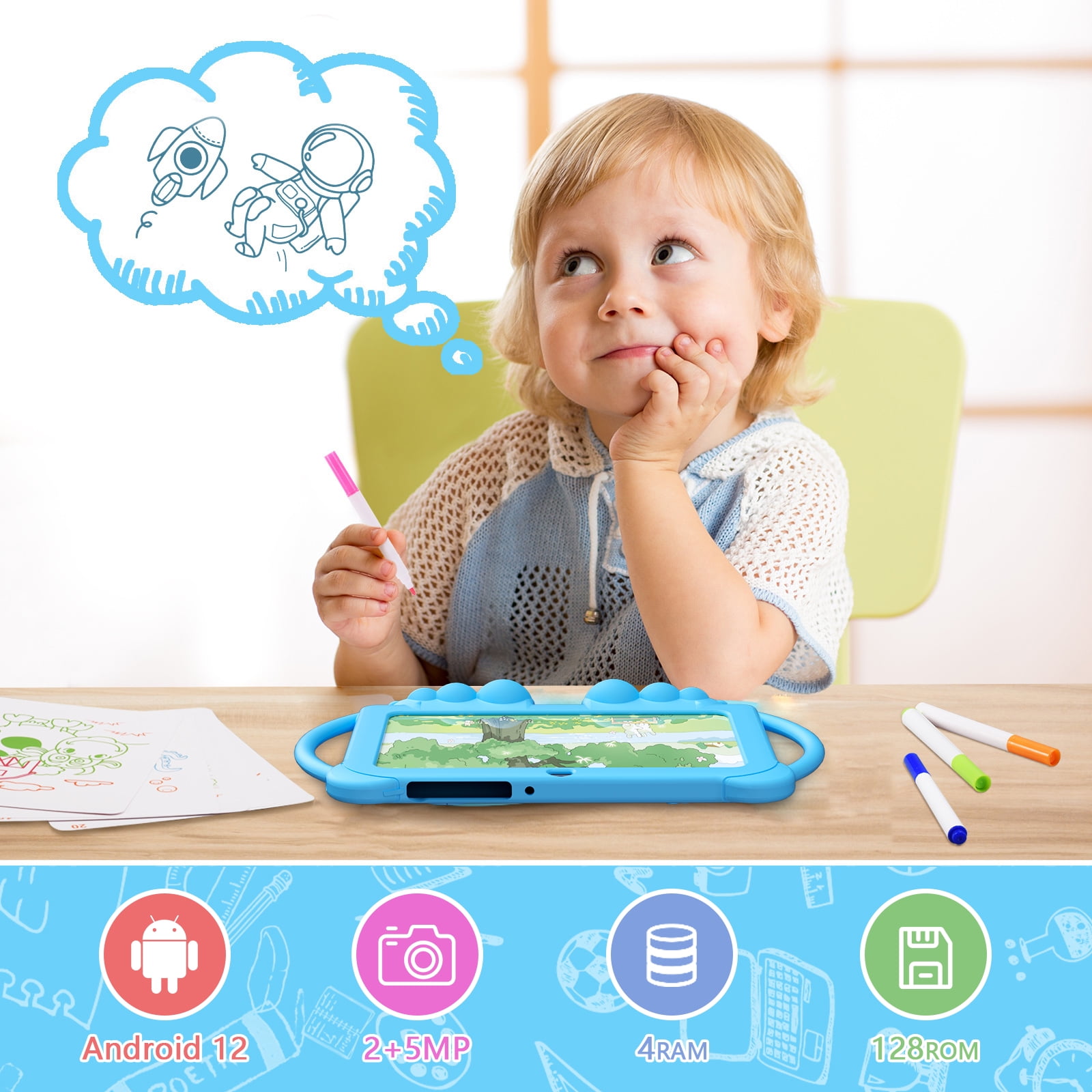 Kids Tablet 7 Inch Tablet for Kids Android Toddler Tablets Children Tablet for Girls boys with protective Cover 32GB+4GB WiFi Bluetooth Dual Camera Educationl Games Parental Control Kids Software