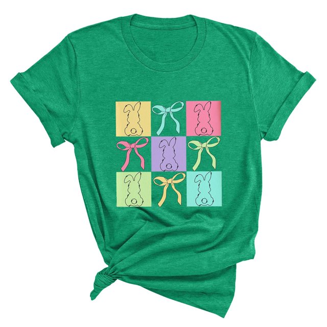 Plebaso T-Shirts de Pâques pour Femmes Manches Courtes Imprimés Graphiques Hauts Été Décontractés Amples