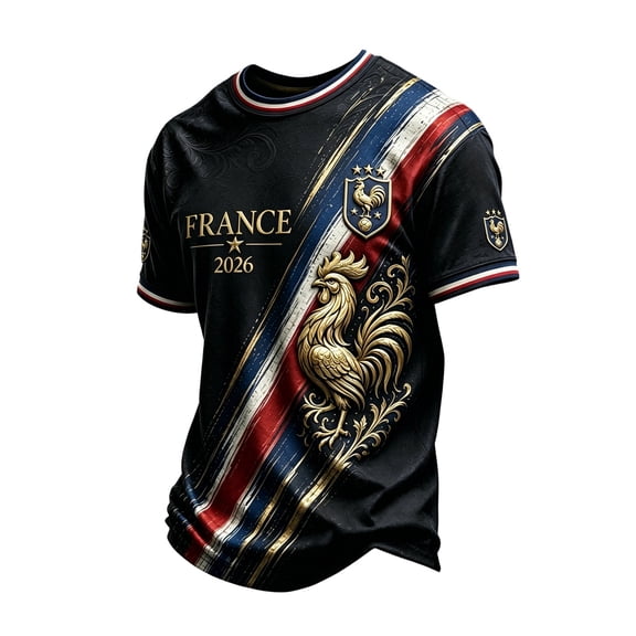 France 2026 Soccer Cup Fan Jersey for Men, Short Sleeve Crew Neck T-Shirt with Golden Rooster & Tricolor Graphic, Lightweight Breathable Athletic Top, 1 PC Black L