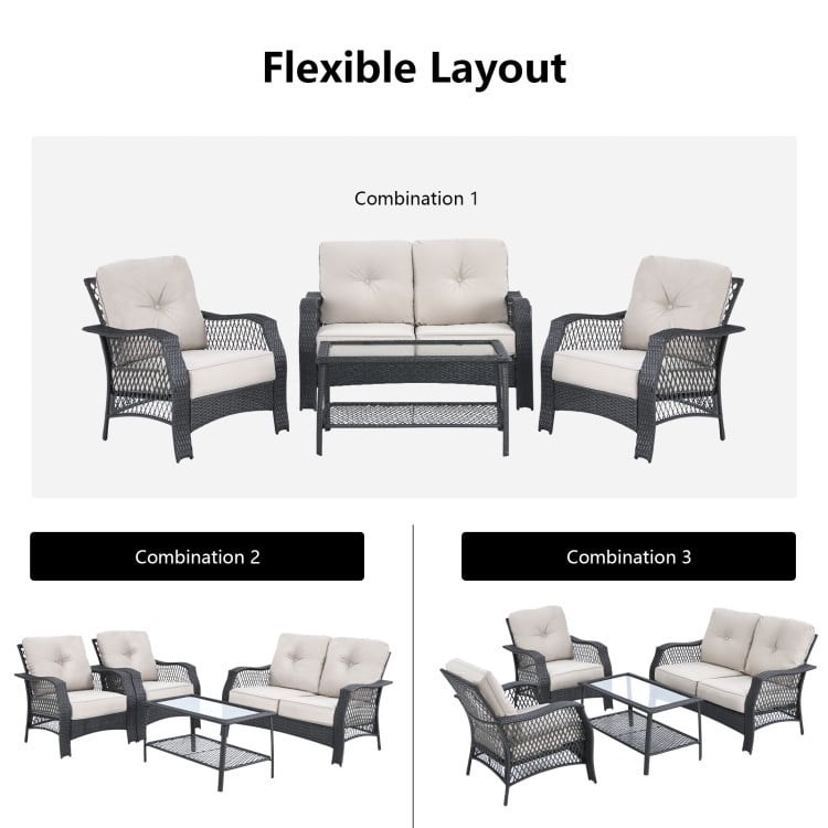 Aimee Lii 4 Pieces Patio Wicker Furniture Set with Cushion, Coffee Table, Outdoor Patio Furniture Sets, Beige Aimee Lii 4 Pieces Patio Wicker Furniture Set with Cushion, Coffee Table, Outdoor Patio Furniture Sets, Beige