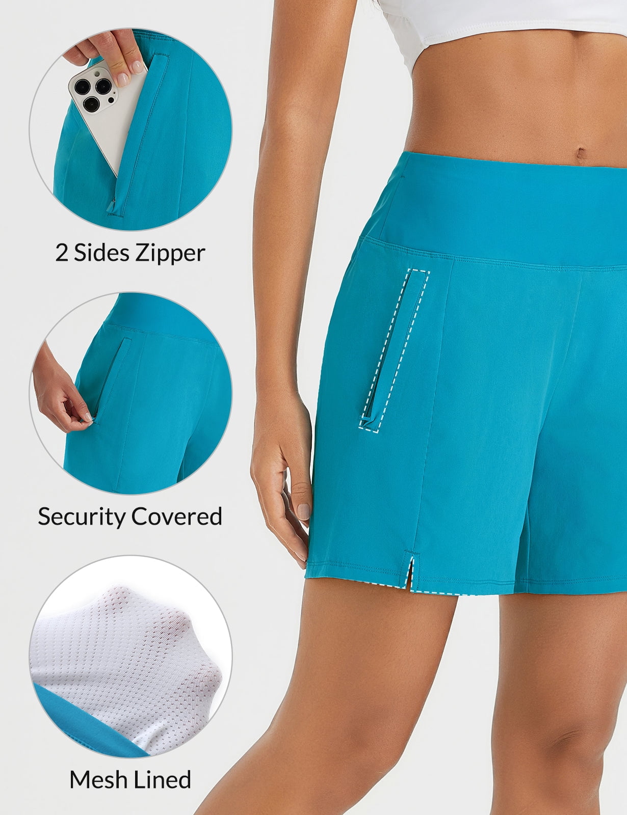 BALEAF Women's Swim Shorts High Waisted Quick Dry 5'' Modest Swimsuits Bottoms Tummy Control Boxer Liner Board Shorts with Zipper Pockets Aqua Blue 2XL