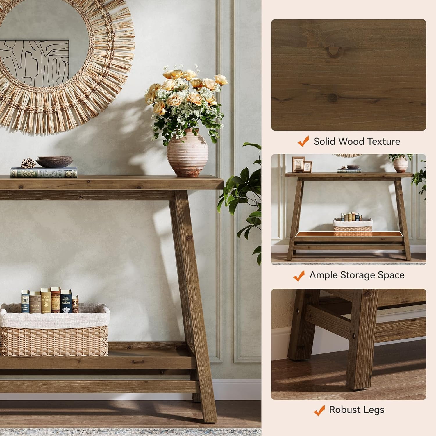 Tribesigns 41.3" Farmhouse Console Table, Solid Wood Entryway Table with Storage Shelf for Living Room, Hallway, Foyer, Easy Assembly, Brown