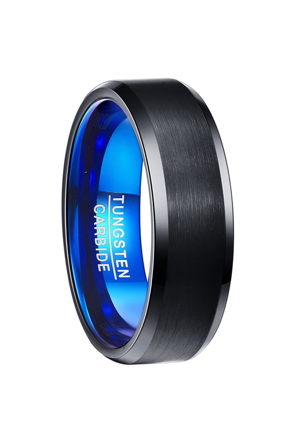 Men's 8mm Black Blue Tungsten Ring Wedding Band with Beveled Edges Brushed Finish Size 7-12